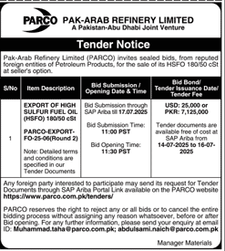 Pak Arab Refinery Limited Tender Notice
